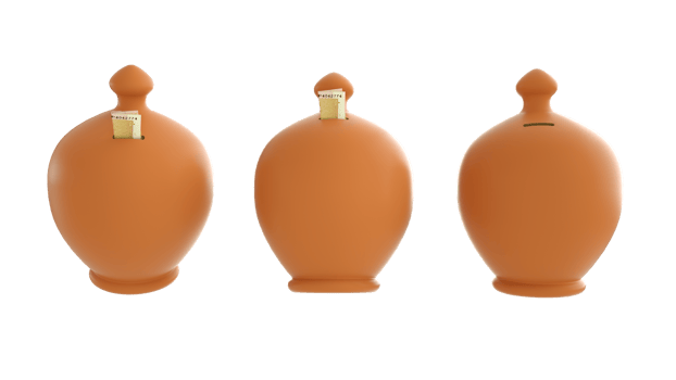 Set of brown clayey savings pot isolated on transparent background. 3d rendering of Pakistani rupee note going inside savings container png