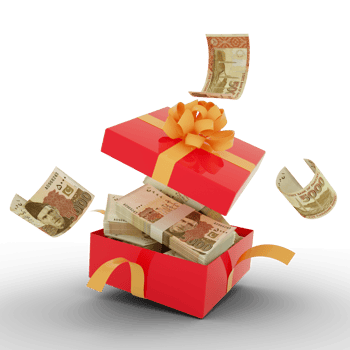 Pakistani rupee notes inside an open red gift box. Pakistani rupees inside and flying around a gift box. 3d rendering of money inside box isolated on transparent background png