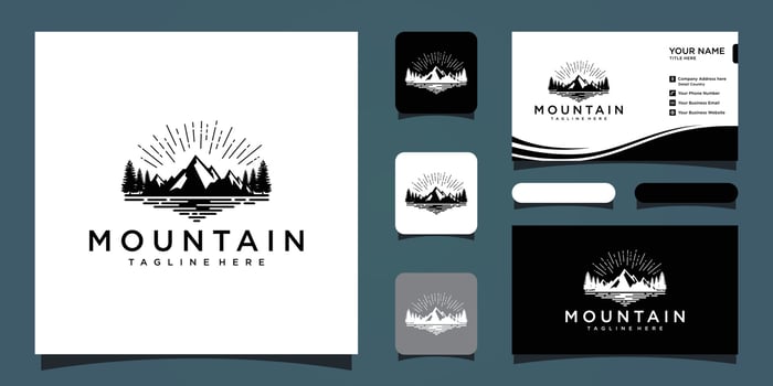 Vintage mountain logo and illustration and business card premium vector