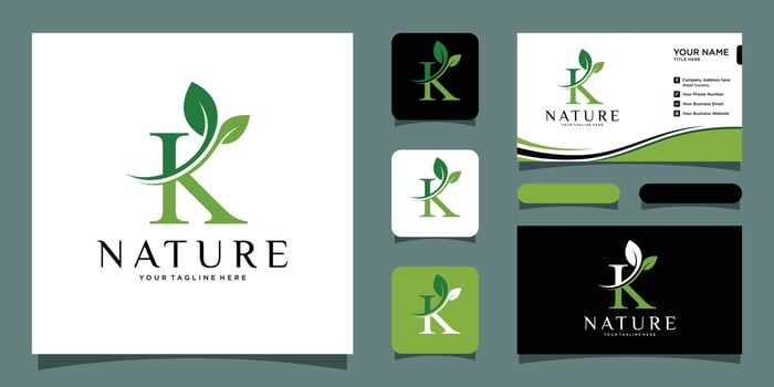 Initial letter K with leaf luxury logo. green leaf logo with business card design Premium Vector