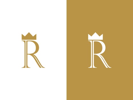 Premium Vector Letter R Logo with Crown Vector, Beautiful Logotype design for luxury company branding. Elegant identity design in gold color.