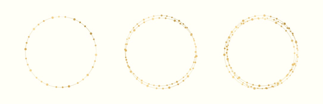 Gold Round Christmas Fairy Lights Frame Border Set. Abstract golden dots circle frame collection. vector