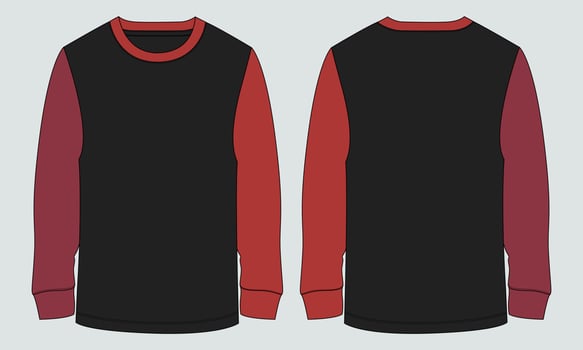 Two tone color Long sleeve t shirt vector illustration black color template front and back views
