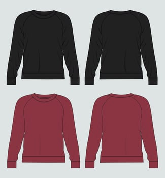 Long sleeve sweatshirt technical drawing fashion flat sketch vector illustration black and Red color template front and back views