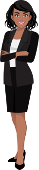 Black businesswoman or American African female character crossed arms pose in black suit cartoon character png