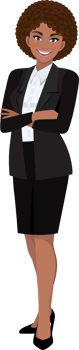 Black businesswoman or American African female character crossed arms pose in black suit cartoon character png