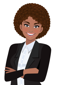 Black businesswoman or American African female character crossed arms pose in black suit half body cartoon character png
