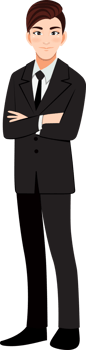 Businessman or male character crossed arms pose in black suit cartoon character png