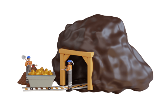 gold mine entrance and mine trolley loaded with gold. 3D Illustration of Entrance to gold mine png