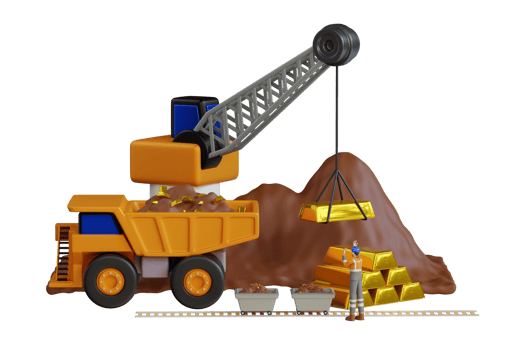 Work of truck and the excavator in an open pit on gold mining. Work of heavy equipment in an open pit for gold ore mining. 3D Illustration png