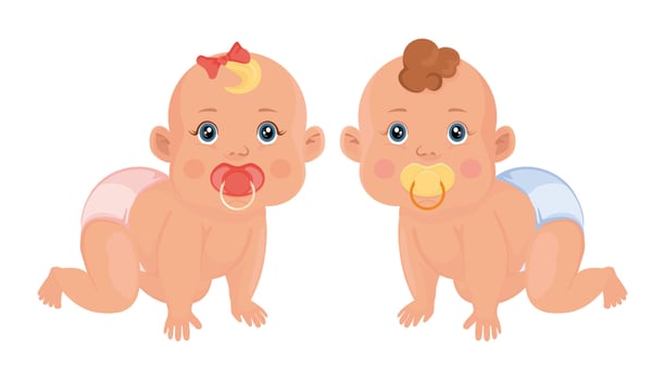 Cute baby girl and boy crawling, 6 months old, baby illustration. vector