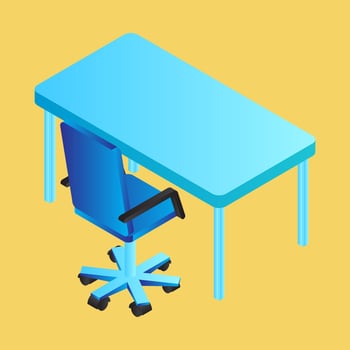 Isometric blue table and office chair on yellow background. vector