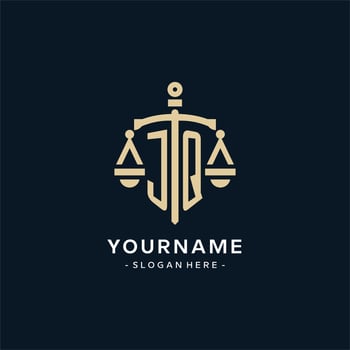 JQ initial logo with scale of justice and shield icon vector