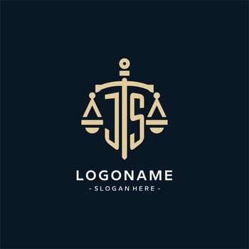 JS initial logo with scale of justice and shield icon vector