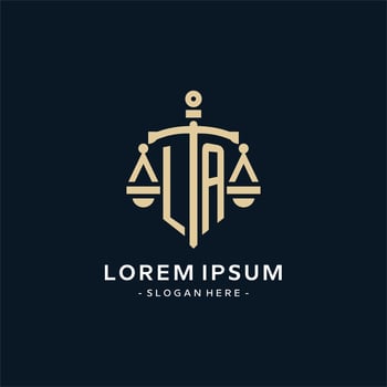 LA initial logo with scale of justice and shield icon vector