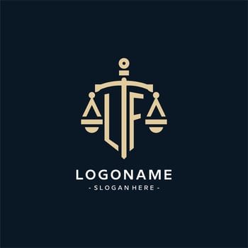 LF initial logo with scale of justice and shield icon vector