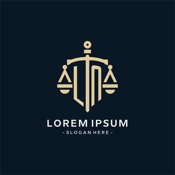 LN initial logo with scale of justice and shield icon vector