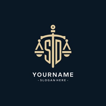SD initial logo with scale of justice and shield icon vector