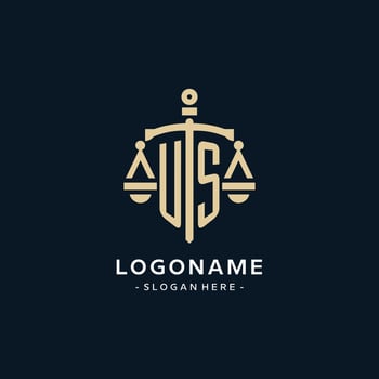 US initial logo with scale of justice and shield icon vector