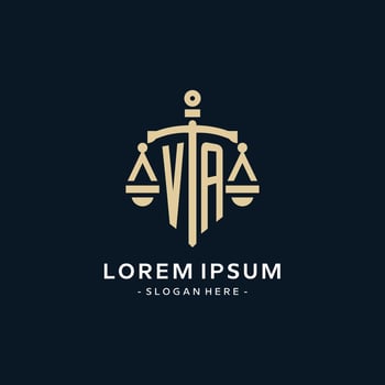 VA initial logo with scale of justice and shield icon vector