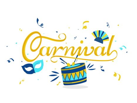 Calligraphy of Carnival with mask, headdress and drum illustration on white background can be used as banner or poster design. vector
