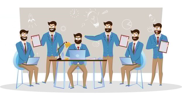 Creative illustration of Businessmen in different poses on gray background. vector