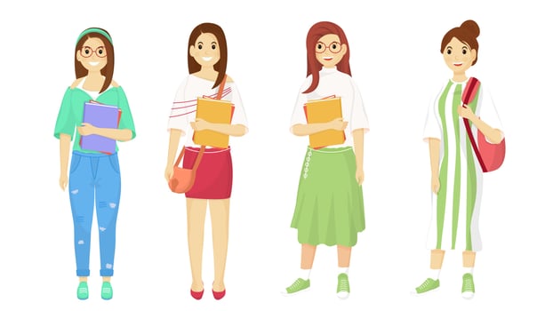 Set of young student girl in standing pose on white background. vector