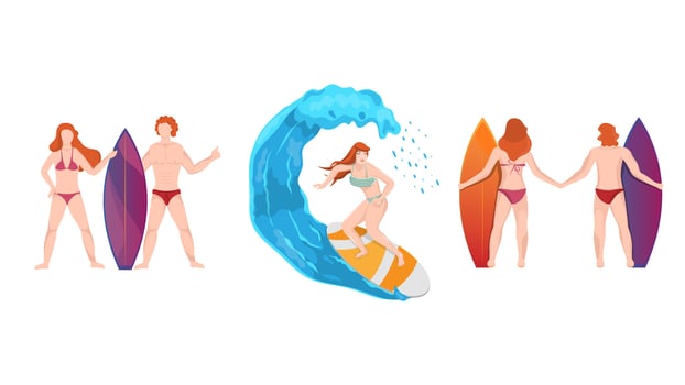 Surfing man and woman in different activity. vector