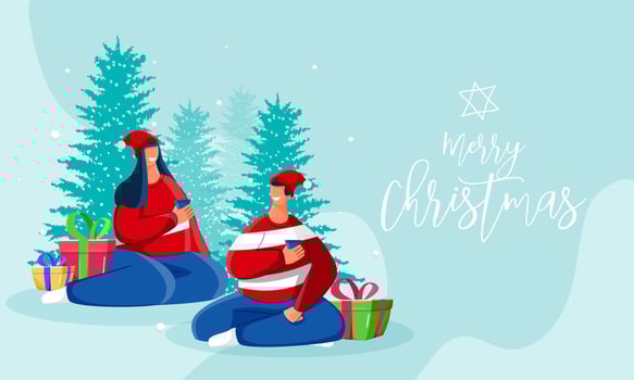 Merry Christmas celebration greeting card design with happy couple character enjoying drink, gift boxes and Xmas tree on blue background. vector