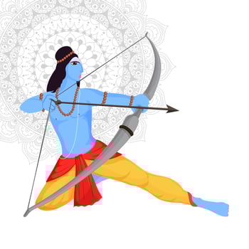 Illustration of Lord Rama aiming arrow on mandala pattern background. vector