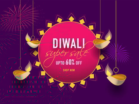 Super Sale banner or poster design decorated with hanging oil lamps and 60 discount offer on purple background for Diwali Festival. vector