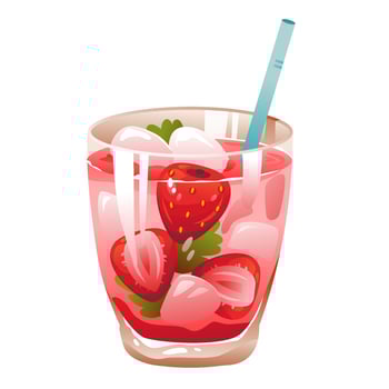 Fresh summer cocktail with strawberries and ice cubes. Strawberry soda. Cartoon vector illustration.