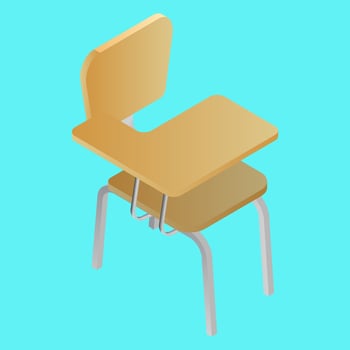 Brown school chair desk in 3d style on blue background. vector