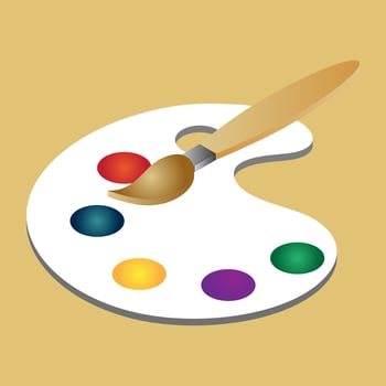 3D colour palette with drawing brush on brown background. vector