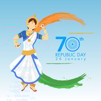 Faceless woman character doing classical dance with saffron and green brush stroke effect for 70th Republic Day, 26 January celebration. vector