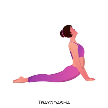 Young woman character in trayodasha or bhujangasana pose. vector