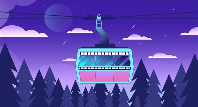 Gondola lift in summer forest night lo fi chill wallpaper. Aerial cableway with shooting stars 2D vector cartoon landscape illustration, vaporwave background. 80s retro album art, synthwave aesthetics
