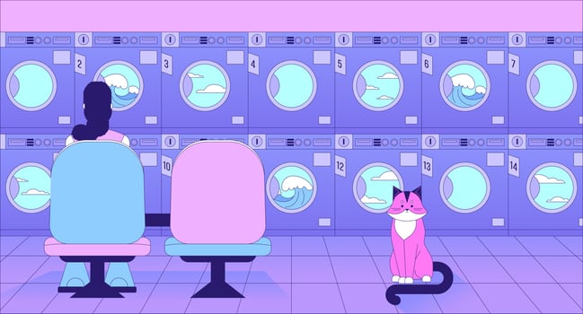 Waiting for laundry lo fi chill wallpaper. Housework laundromat. Woman in launderette with cat 2D vector cartoon character illustration, vaporwave background. 80s retro album art, synthwave aesthetics