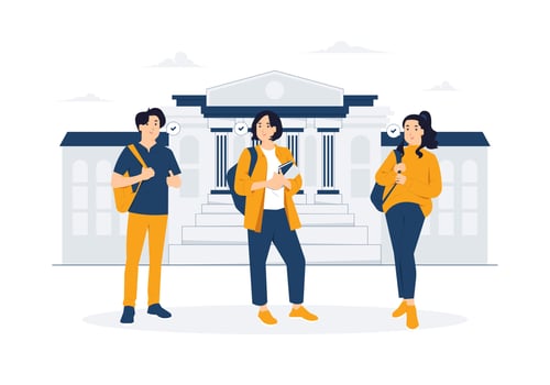 College students, university, school, education, Group of happy young students standing together with books and bags concept illustration vector
