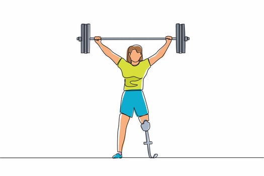 Continuous one line drawing strong disabled bodybuilder sportswoman lifting heavy weight barbell over her head. Weightlifting sport for disability. Single line draw design vector graphic illustration