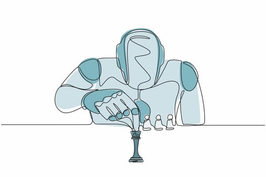 Single continuous line drawing robots sitting and moving chess figure. Modern robotics artificial intelligence technology. Electronic technology industry. One line graphic design vector illustration
