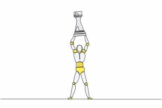 Continuous one line drawing robot standing and lifting up rook chess piece. Humanoid robot cybernetic organism. Future robotics development concept. Single line draw design vector graphic illustration