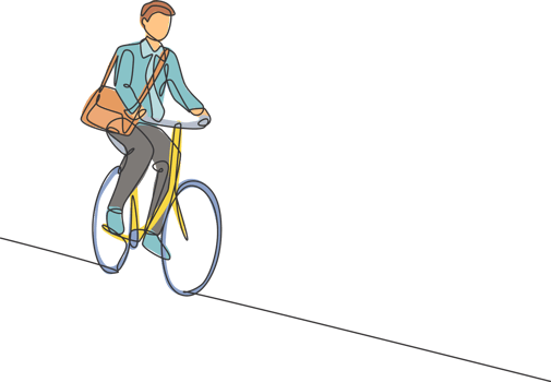 One continuous line drawing of young professional manager man cycling ride bicycle to his office. Healthy working urban lifestyle concept. Dynamic single line draw design illustration graphic png