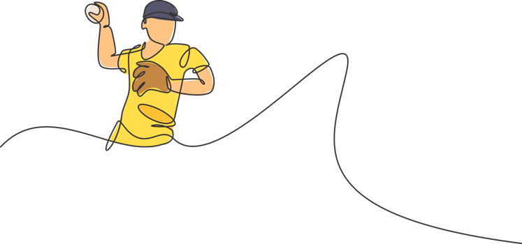 One single line drawing of young energetic man baseball pitcher train to throw the ball illustration. Sport training concept. Modern continuous line draw design for baseball tournament banner png