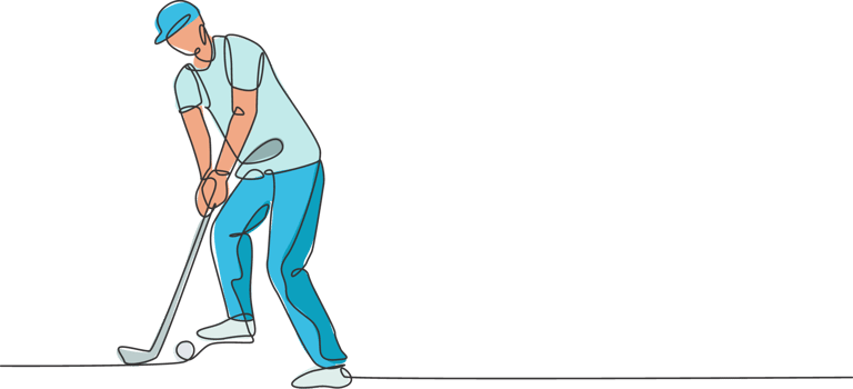 One single line drawing of young sporty golf player hit the ball using golf club graphic illustration. Healthy sport concept. Modern continuous line draw design for golf tournament poster png