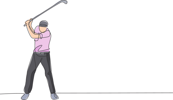 Single continuous line drawing of young happy golf player swing the golf club to hit the ball. Hobby sport concept. Trendy one line draw design illustration for golf tournament promotion media png