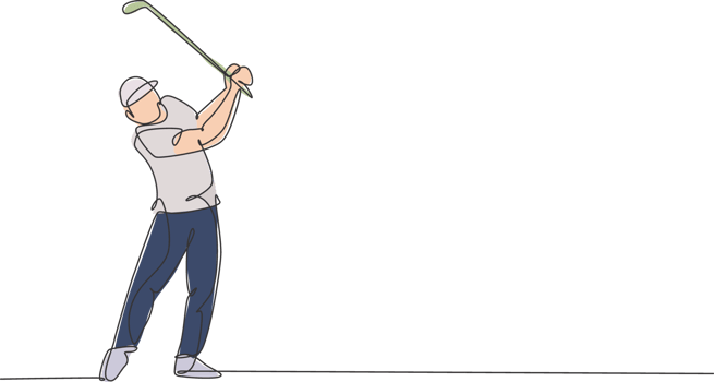 One single line drawing of young sporty golf player hit the ball using golf club graphic illustration. Healthy sport concept. Modern continuous line draw design for golf tournament poster png