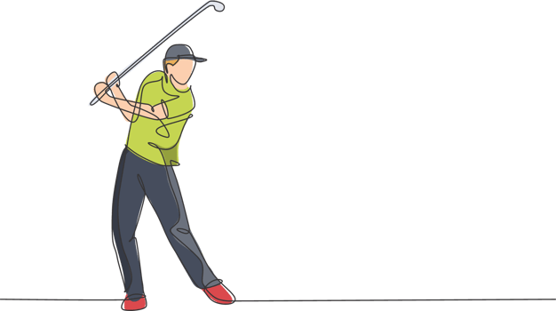 Single continuous line drawing of young happy golf player swing the golf club to hit the ball. Hobby sport concept. Trendy one line draw design illustration for golf tournament promotion media png