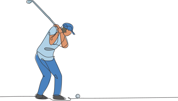 One continuous line drawing of young golf player swing golf club and hit the ball. Leisure sport concept. Dynamic single line draw design illustration graphic for tournament promotion media png