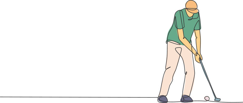 Single continuous line drawing of young happy golf player swing the golf club to hit the ball. Hobby sport concept. Trendy one line draw design illustration for golf tournament promotion media png